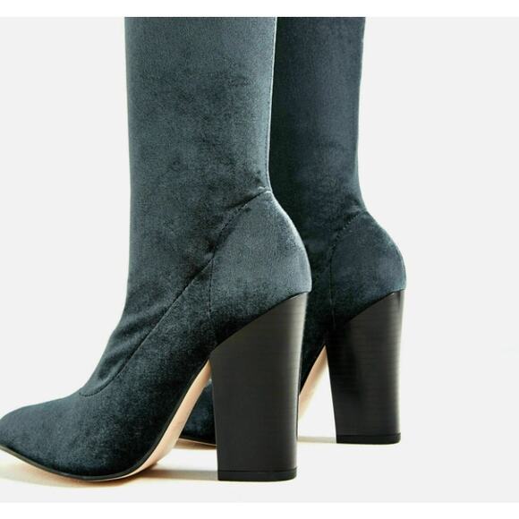 ZARA Over the Knee Boots Stretch Velvet Pointed Toe Block High Heel Blue/ Gray - Picture 12 of 15